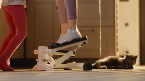 Грайливий Кіт Слім Жіночі Ноги Степпері Музика Діти Ноги Танцюють — стокове відео