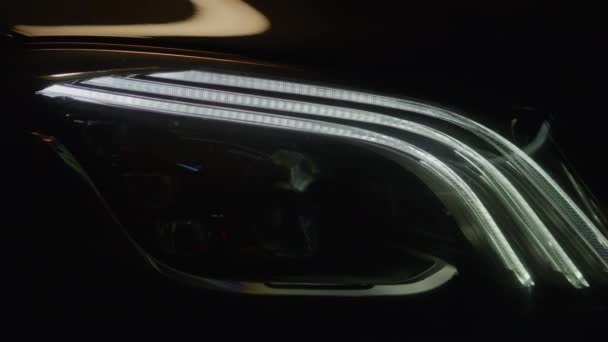 Close View Details Headlights Unrecognizable Prestigious Black Luxury Modern Car — Stock Video