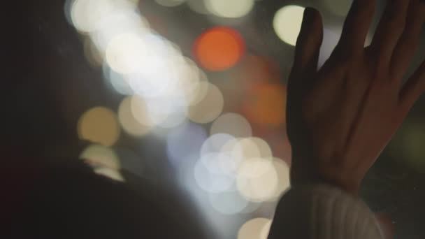 View Tender Woman Hand Touching Window Glass Watching Night City — Vídeos de Stock