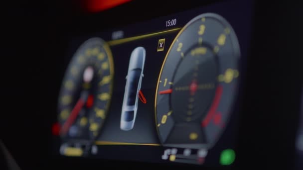 Close View Driver Dashboard Dials Black Car Instrument Cluster Gauge — Stock Video