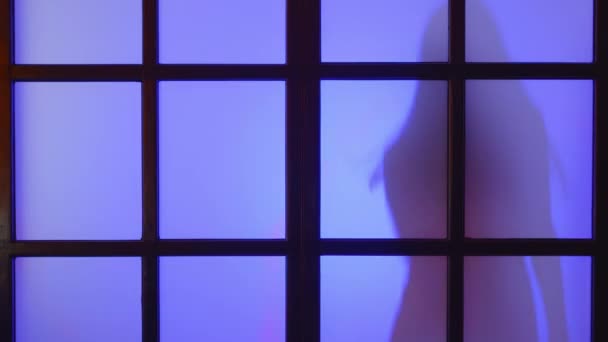 Jong Slank Model Danst Achter Mat Glas Bij Kleurrijke Lichtflitsen — Stockvideo