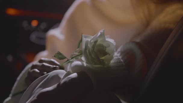 Róża Leżąca Rękach Kobiety Pod Światłami Wnętrze Samochodu Sylwetka Kwiatu — Wideo stockowe