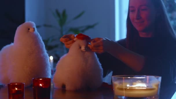 Vestir Alpacas Esponjosas Para Navidad Mujer Joven Pone Sombrero Bufanda — Vídeos de Stock