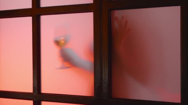 Tanınmayan Çıplak Model Şeffaf Cam Yüzey Arkasında Bir Kadeh Şarap — Stok video