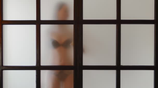 Modelo Desnudo Reconocido Limpia Puerta Vidrio Mate Transparente Juego Roles — Vídeos de Stock
