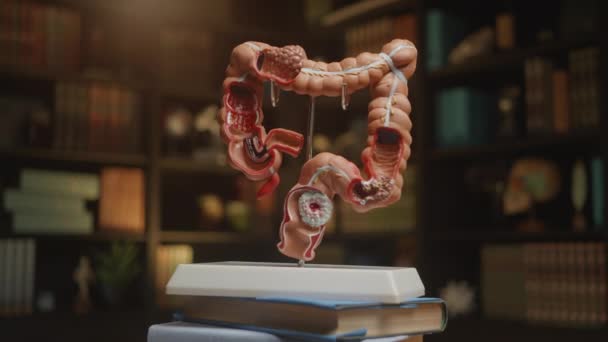 Large Intestine Rotierendes Modell Der Bibliothek Auf Einem Stapel Bücher — Stockvideo