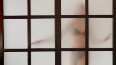 Matt Glass 'ın arkasında siyah iç çamaşırı giyen baştan çıkarıcı kadın dansçı görüntüsü. Genç ince manken dansları, esnek bayan, hareketli gölge, siluet. Yavaş çekim yüksek kalite 4k görüntü
