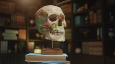 Yığılmış kitaplarda dönen anatomik insan kafatası modeli, etkileşimli öğrenme deneyimi. Öğrenciler ve proffesionlar için kafatasının net bir temsili. Klinik eğitimi. Yüksek kalite 4k görüntü