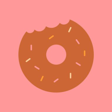 Chocolate donut with sprinkles. Vector donut with a bite mark on top. Isolated on pink.