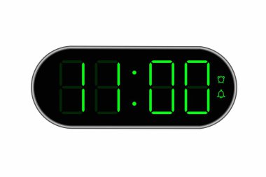 11: 00 'i gösteren dijital bir saatin vektör düz çizimi. Dijital sayı dizaynlı alarm görüntüsü. Saat simgesi, saat, alarm işaretleri.