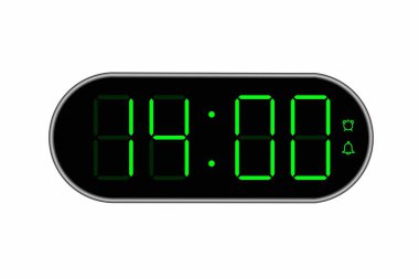 14.00 'ü gösteren dijital saatin düz vektör çizimi. Dijital sayı dizaynlı alarm görüntüsü. Saat simgesi, saat, alarm işaretleri.