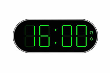 16.00 'yı gösteren dijital saatin vektör düz çizimi. Dijital sayı dizaynlı alarm görüntüsü. Saat simgesi, saat, alarm işaretleri.