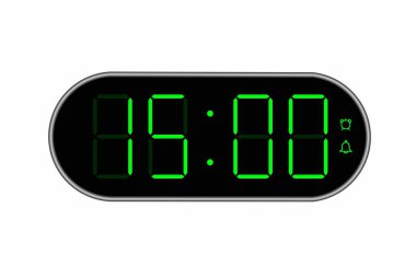 15.00 'ü gösteren dijital bir saatin vektör düz çizimi. Dijital sayı dizaynlı alarm görüntüsü. Saat simgesi, saat, alarm işaretleri.