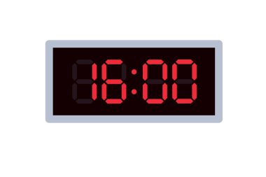 16.00 'yı gösteren dijital saatin vektör düz çizimi. Dijital sayı dizaynlı alarm görüntüsü. Saat simgesi, saat, alarm işaretleri.
