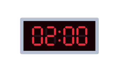 Saat 02: 00 'yi gösteren dijital saatin vektör düz çizimi. Dijital sayı dizaynlı alarm görüntüsü. Saat simgesi, saat, alarm işaretleri.