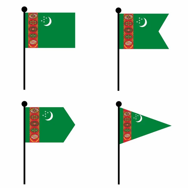 4つの形状のバージョンに設定されたトルクメニスタンの旗アイコンを振って アイデンティティ エンブレム インフォグラフィックのための旗竿サインのコレクション — ストックベクタ