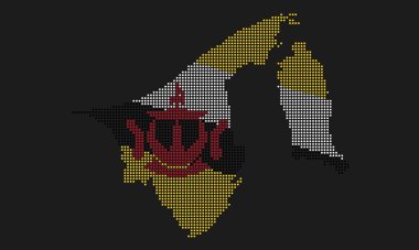Brunei mozaik nokta tarzında grunge desenli harita bayrağı. Bilgi için yarım ton etkisi olan bir ülke haritasının soyut piksel vektör çizimi.