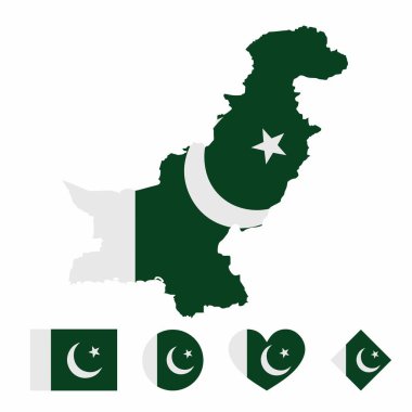 Beyaz zemin üzerinde bayrak olan Pakistan haritası taşıyıcısı. Kare, daire, sevgi, kalp ve dikdörtgen şekilli bayrak simgeleri koleksiyonu.