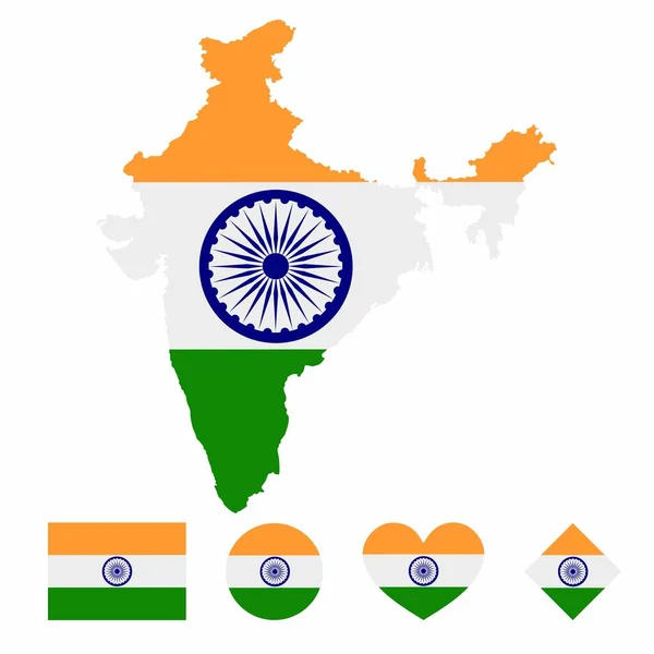 白を背景に孤立した旗を持つインドの地図旗のベクトル 正方形 ハート 長方形の図形を持つ旗のアイコンのコレクション — ストックベクタ