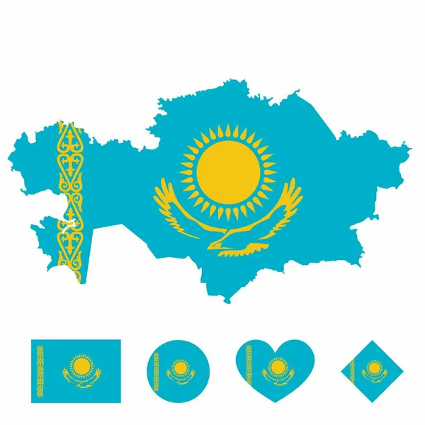 Beyaz Zemin Üzerinde Bayrak Bulunan Kazakistan Haritası Taşıyıcısı Kare Daire — Stok Vektör
