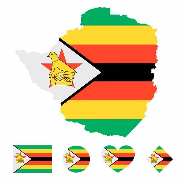 Vector Zimbabwe Map Flag Mit Fahne Auf Weißem Hintergrund Sammlung — Stockvektor