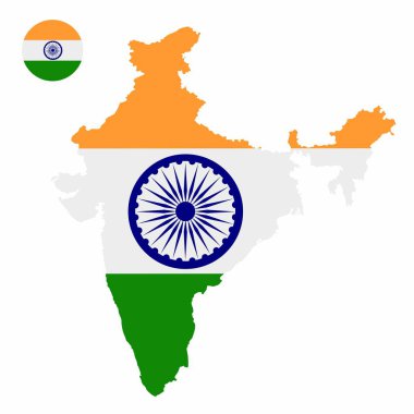 Hindistan 'ın yüksek detaylı harita bayrağı ve ulusal bayrak yuvarlak rozet vektör seti beyaz arka planda izole