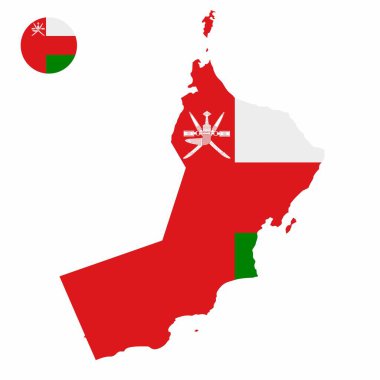 Umman yüksek detaylı harita bayrağı ve beyaz arka planda izole edilmiş ulusal bayrak yuvarlak rozet vektör seti