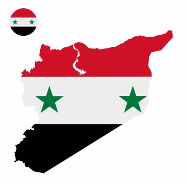 Suriye yüksek ayrıntılı harita bayrağı ve ulusal bayrak yuvarlak rozet vektör seti beyaz arkaplanda izole