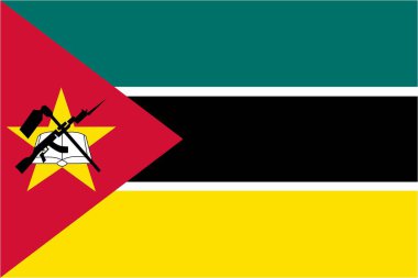 Standart boyut ve orantılı Mozambik resmi bayrak vektörü. Doğru boyut ve renkte ulusal bayrak amblemi.