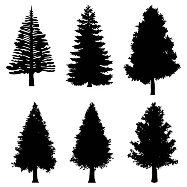 Pine Trees Silhouette Set Isolated White Background — Stock Vector