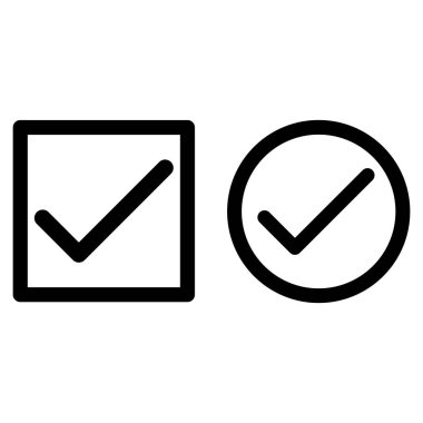 İşaretli kare simgesini kontrol et. Evet, çember sembolü. Onaylanmış simge onaylandı. vektör illüstrasyonu