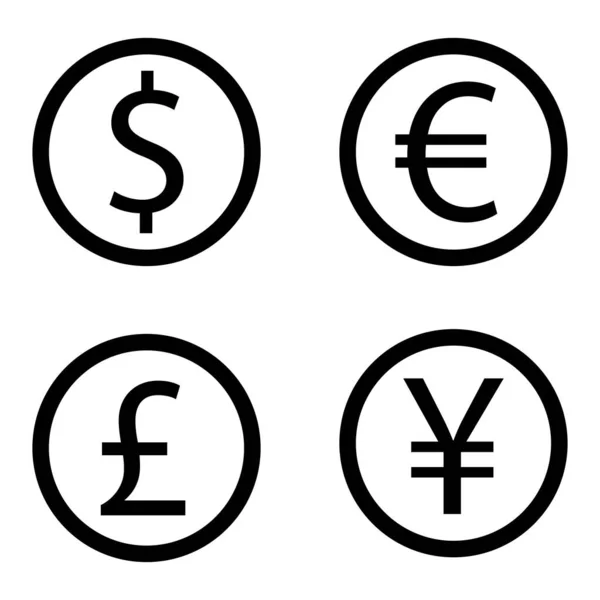 Zestaw Ikon Walutowych Dolar Euro Jen Funty Szterlingów Ilustracja Wektora — Wektor stockowy