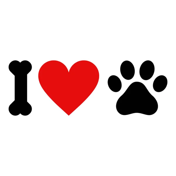 我喜欢狗的图标矢量与狗骨头 心脏和爪子的指纹 我喜欢动物 我爱我的宠物 — 图库矢量图片