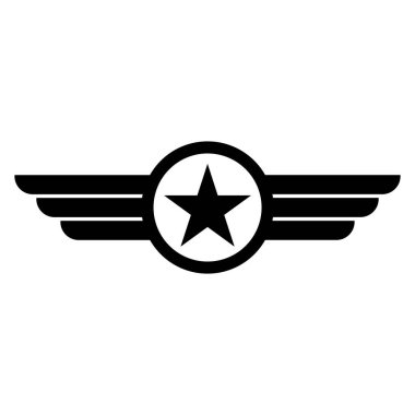 Kanat logosu çizimi olan bir yıldız. Ordu ve ordu kanatlı rozeti. Havacılık kanatları simgesi