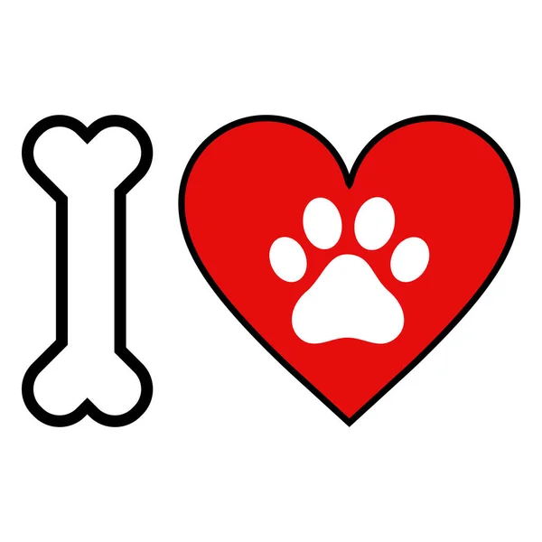 Σκυλί Αγάπης Λατρεύω Κείμενο Κόκκινη Καρδιά Αποτύπωμα Ποδιού Και Κόκκαλο — Διανυσματικό Αρχείο