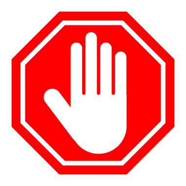 El ikonu vektör illüstrasyonlu kırmızı dur işareti. Dur işareti. Sekizgen şeklinde insan eli ile kırmızı yasaklama işareti