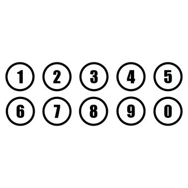 Sayı çemberleri 0 'dan 9' a. Eğitim için 0-9 numaralı yuvarlak sayı simgesi. Vektör illüstrasyonu