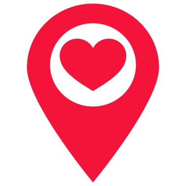 Kalp ikonlu kırmızı harita işaretçisi. Kalpli kırmızı lokasyon simgesi. Vektör illüstrasyonu