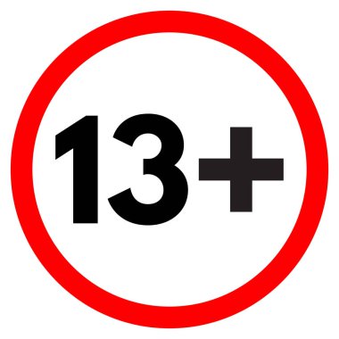 Beyaz arka planda 13 yaşın altında izole edilmiş tabela. 13 artı simge vektörü