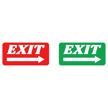 Beyaz arka planda izole edilmiş kırmızı ve yeşil çıkış işaretleri var. Vektör