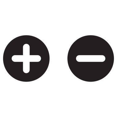 Artı ve eksi simgeleri beyaz arkaplanda izole edilmiş bir şekilde daire içine alındı. Vektör illüstrasyonu