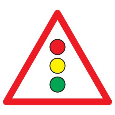 Trafik ışıkları uyarı üçgeni işareti beyaz arkaplanda izole edildi. .Vektör illüstrasyonunun içinde trafik ışığı olan kırmızı üçgen uyarı yolu işareti