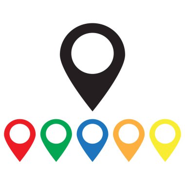 Harita imleci simgesi farklı renklerde ayarlandı. Altı farklı renkli iğne simgesi vektörü