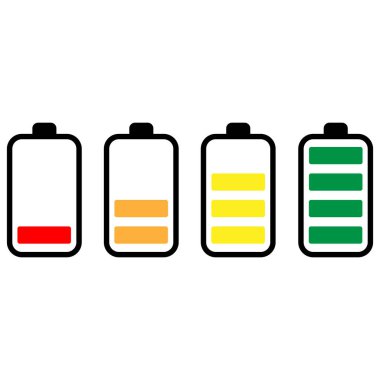 Renkli pil enerji seviyesi simgeleri. Batarya şarj göstergesi simgeleri. Pil şarjı düşük ile yüksek arasında. Vektör illüstrasyonu