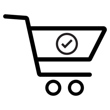 Tamamlanmış sipariş simgesi. Alışveriş arabası ve işaret simgesi işaretleniyor. Alışveriş ödeme simgesi vektörünü tamamla