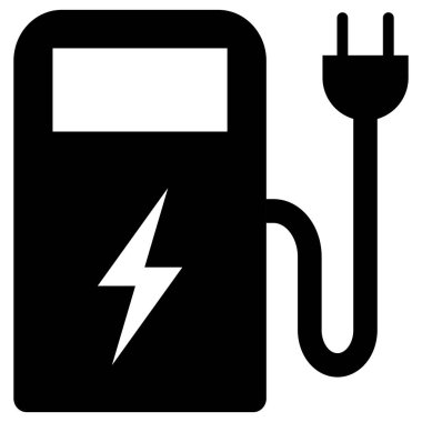 Elektrikli araba şarj istasyonu simgesi beyaz arka planda izole edildi. Araba ikonu için elektrik santrali. Vektör illüstrasyonu