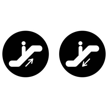 Beyaz arka planda izole edilmiş bir dairede yürüyen merdiven simgesi oluşturuldu. Asansör simgesi belirleme vektörü