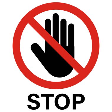 Yazılı işareti durdur ve beyaz arkaplanda el izolasyonunu durdur. Kırmızı dur işareti. Vektör İllüstrasyonu