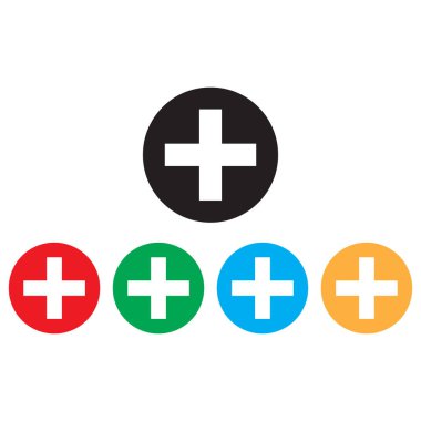 Renkli artı simge seti siyah, kırmızı, yeşil, mavi ve turuncu renklerde. Simge kümesi vektörü ekle