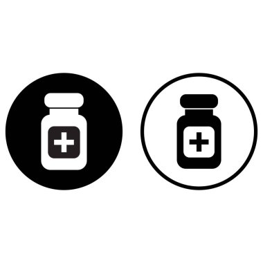 İlaç şişesi simgesi beyaz arka planda iki şekilde izole edilmiş. İlaç şişesi ikonu. Tıbbi tabletler simge vektörü